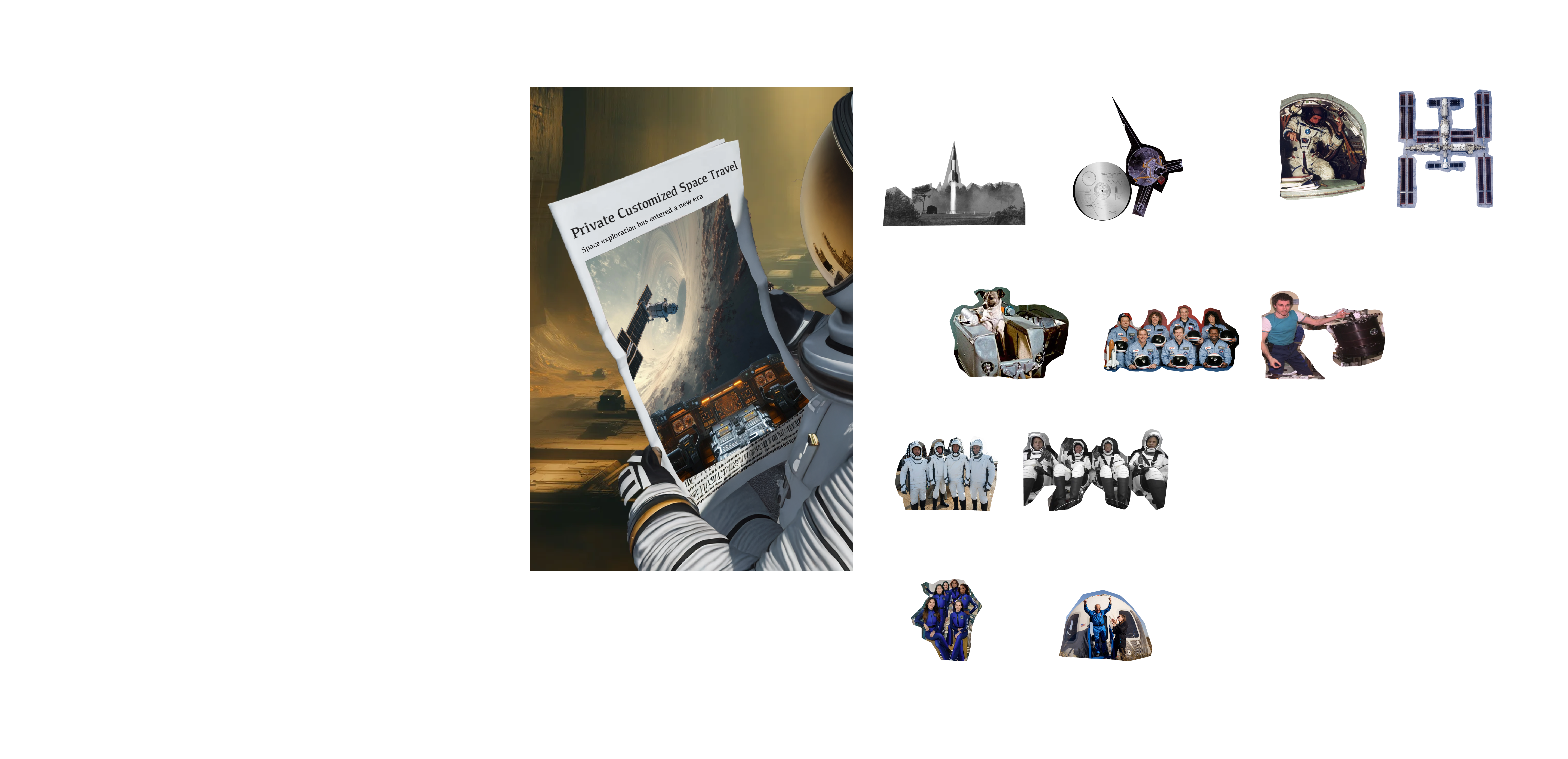 Space travel context — astronaut reading 'Private Customized Space Travel'