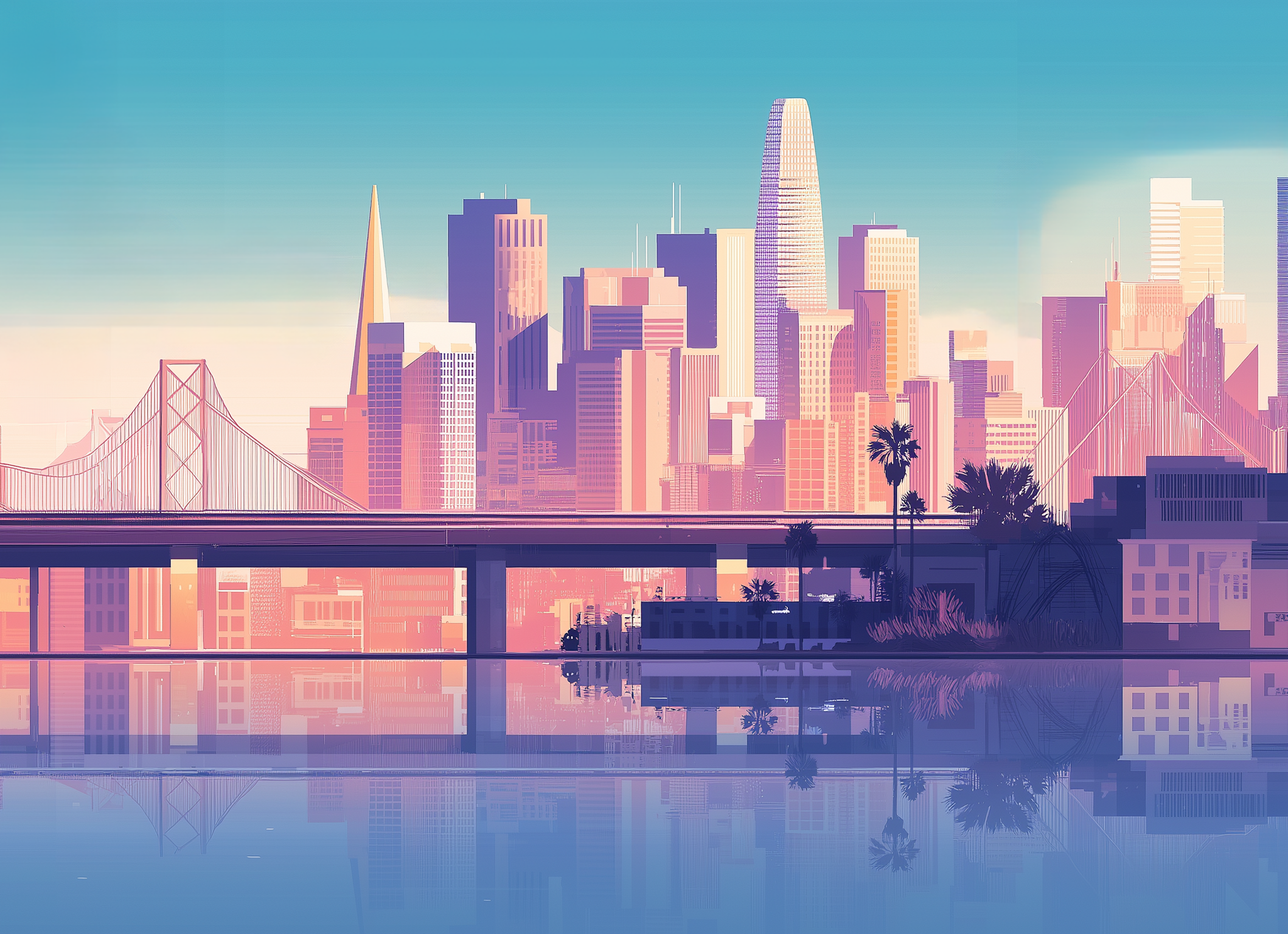 San Francisco Bay Area skyline with railway bridge